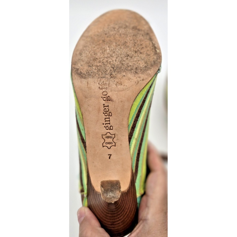 Ginger Goff Peep Toe Heels 7 Women's‎ Green Striped Frayed Wooden 3" Heels Boho - Picture 8 of 11